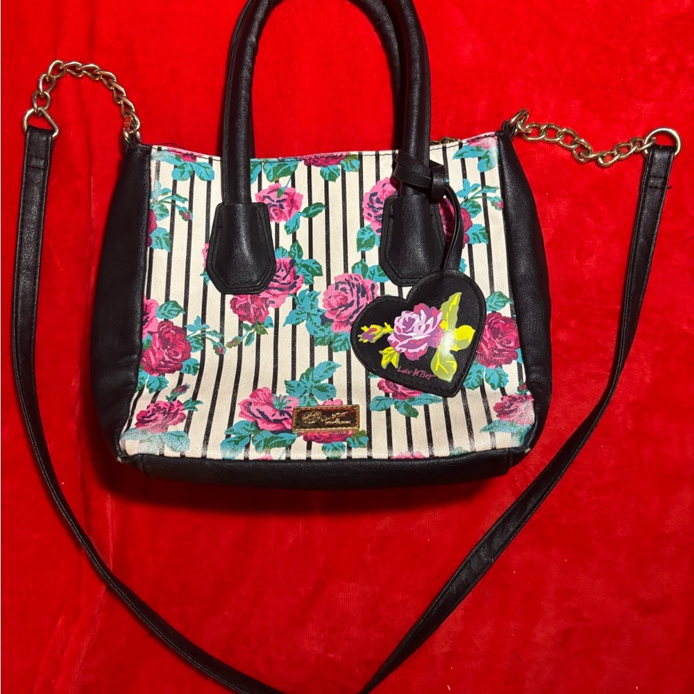 Betsey Johnson Black Floral Stripe Shoulder Bag